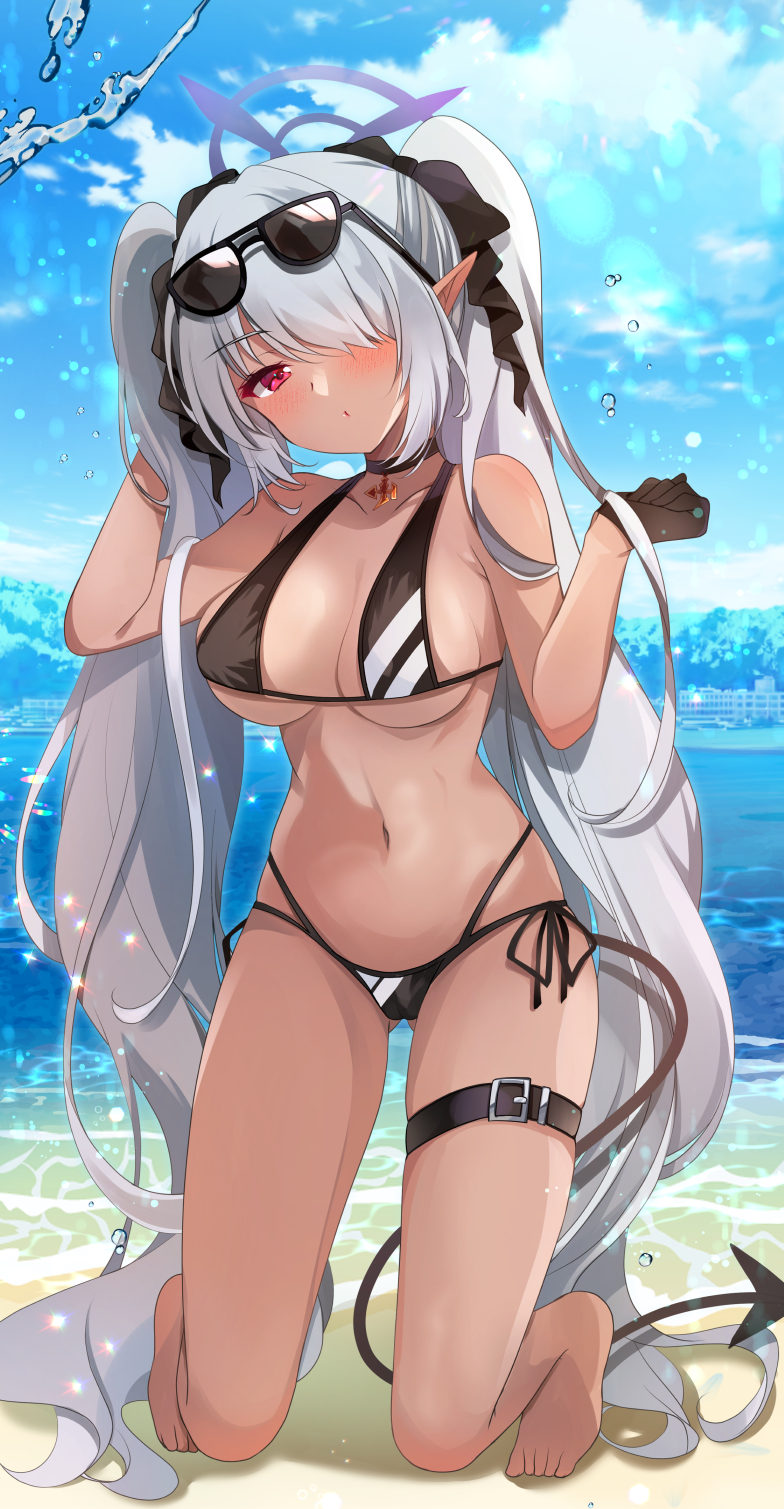 1girl bare_arms bare_shoulders barefoot bikini black_bikini black_choker black_gloves blue_archive blue_sky blush breasts choker closed_mouth cloud collarbone comiket_102 commentary_request dark-skinned_female dark_skin day demon_tail eyewear_on_head gloves grey_hair hands_up head_tilt highres ichiyou_moka iori_(blue_archive) iori_(swimsuit)_(blue_archive) kneeling large_breasts long_hair multi-strapped_bikini navel outdoors pointy_ears red_eyes side-tie_bikini_bottom sky solo sunglasses swimsuit tail twintails very_long_hair water