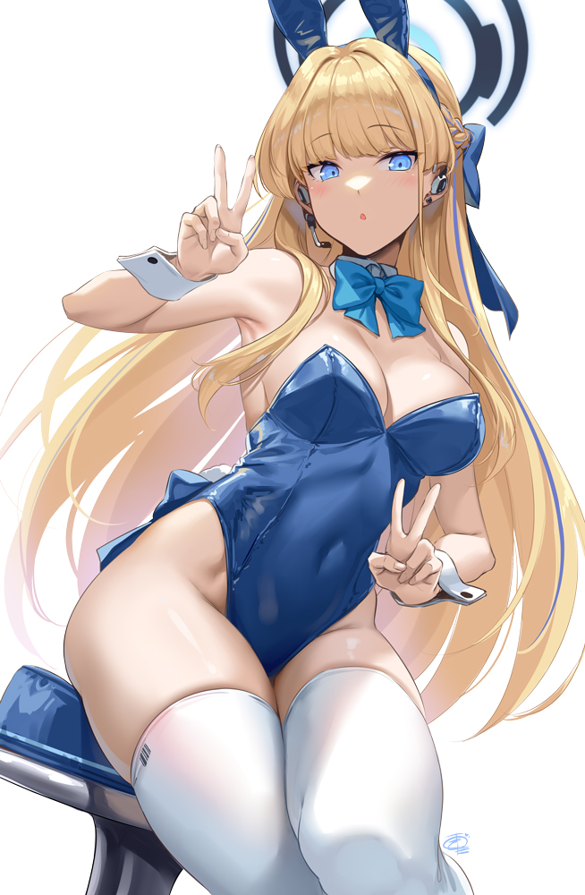 1girl animal_ears bar_stool blonde_hair blue_archive blue_bow blue_bowtie blue_eyes blue_hair blue_leotard blunt_bangs bow bowtie braid breasts commentary covered_navel detached_collar double_v earpiece fake_animal_ears fake_tail french_braid hair_bow hair_down halo hands_up highleg highleg_leotard leotard long_hair looking_at_viewer medium_breasts multicolored_hair official_alternate_costume official_alternate_hairstyle okitakung open_mouth rabbit_ears rabbit_tail revision signature sitting solo stool strapless strapless_leotard streaked_hair symbol-only_commentary tail thighhighs toki_(blue_archive) toki_(bunny)_(blue_archive) v white_background white_thighhighs white_wrist_cuffs