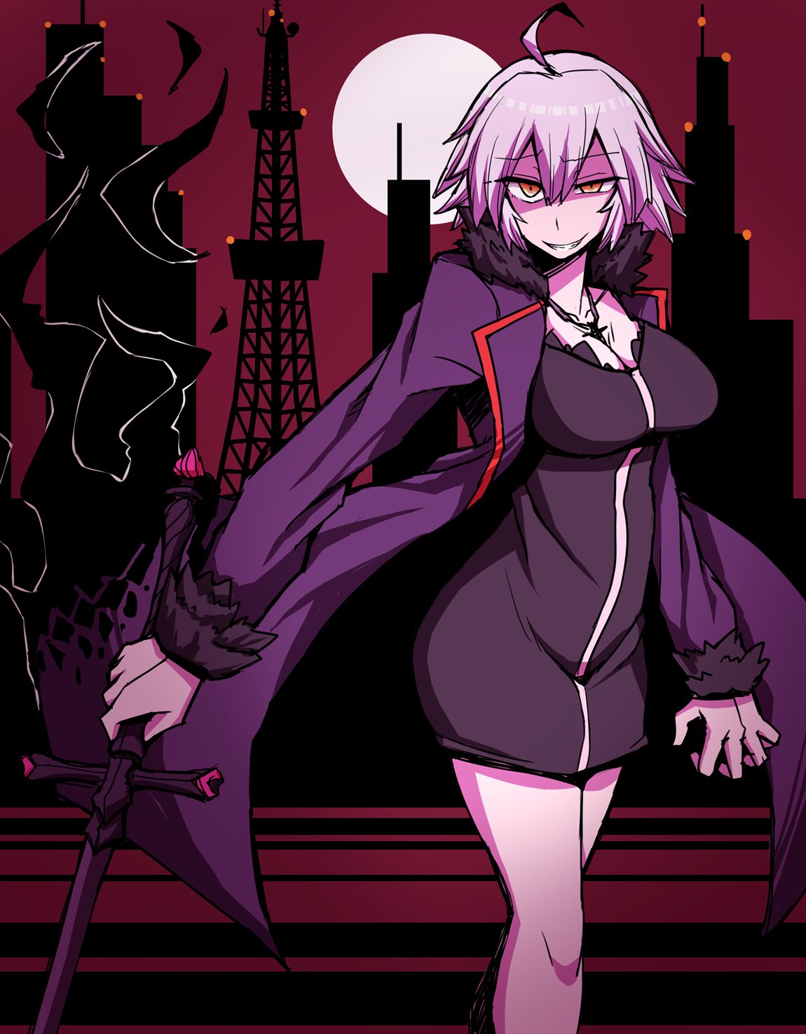1girl ahoge black_dress breasts building city cleavage coat commentary_request cross cross_necklace dress fate_(series) feet_out_of_frame fur-trimmed_sleeves fur_trim grin hair_between_eyes highres holding holding_sword holding_weapon jeanne_d'arc_alter_(fate) jewelry kuri_dora large_breasts long_bangs looking_at_viewer necklace open_clothes open_coat pink_hair purple_coat red_sky shaded_face shinjuku_(tokyo) short_dress short_hair sky skyscraper smile solo standing sword tower uneven_eyes weapon yellow_eyes