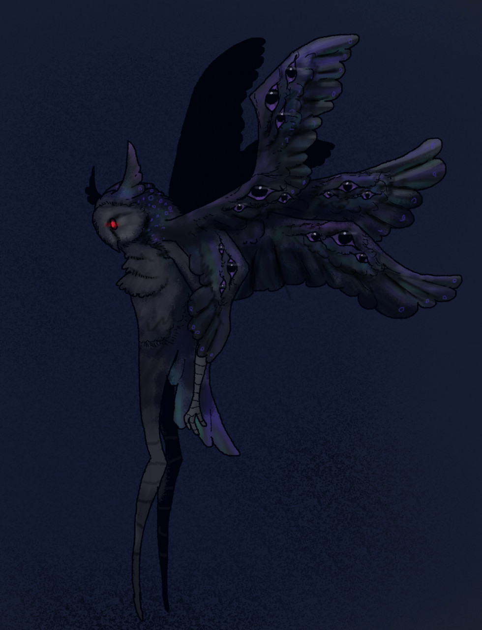 2020 8_wings ambiguous_gender anthro arthropod beak biped black_body black_eyes black_feathers black_fur black_tail black_wings blue_body blue_fur blue_tail blue_wings chest_tuft cryptid eyes_on_wings feathers fur glowing glowing_eyes grey_beak grey_body grey_ears grey_feathers grey_fur grey_tail grey_wings hi_res insect lepidopteran moth mothman multi_wing red_eyes solo squablodecomplash tail tuft wings