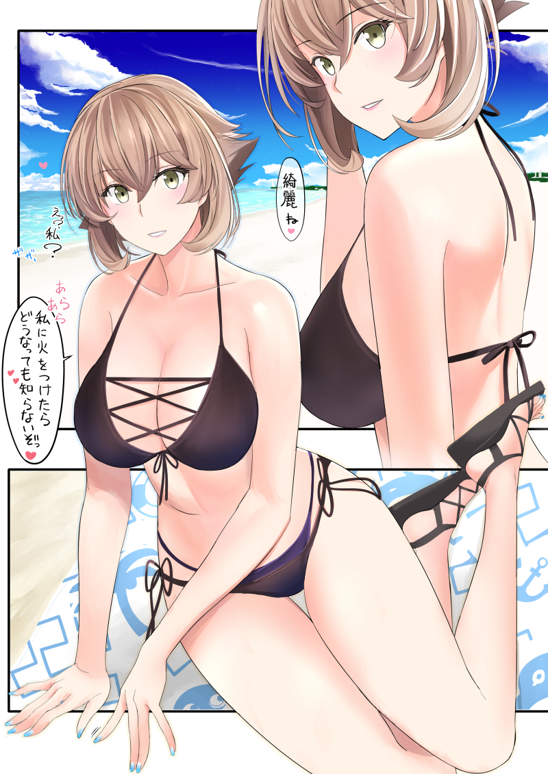 1girl barefoot bikini black_bikini blue_sky breasts brown_hair cleavage cloud commentary_request feet flipped_hair front-tie_bikini_top front-tie_top green_eyes heart kantai_collection large_breasts layered_bikini legs multiple_views mutsu_(kancolle) nail_polish short_hair side-tie_bikini_bottom sitting sky swimsuit takase_asagiri toeless_footwear toenail_polish toenails toes translation_request yokozuwari