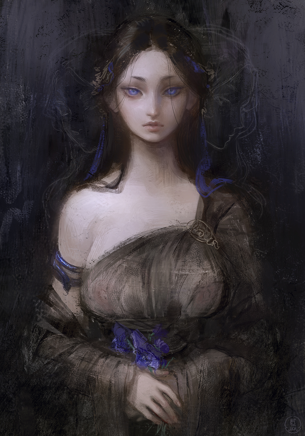 1girl armlet artist_logo artist_name black_hair blue_eyes chiaroscuro dress highres lips long_hair looking_at_viewer nat_the_lich nipples original own_hands_together pandora_(nat_the_lich) see-through single-shoulder_dress single_bare_shoulder solo