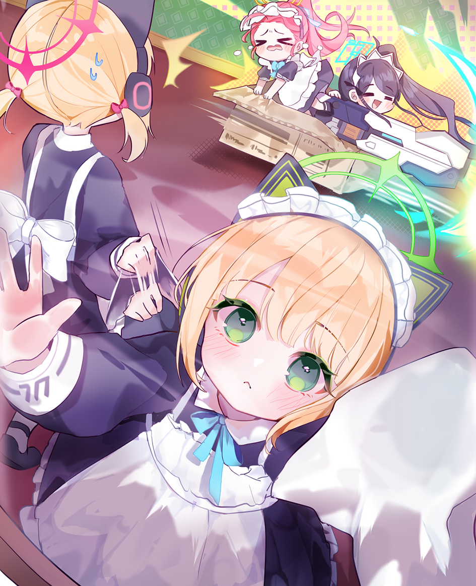 &gt;_&lt; 4girls :&lt; :d animal_ear_headphones animal_ears apron aris_(blue_archive) aris_(maid)_(blue_archive) back_bow black_hair blonde_hair blue_archive blue_bow blue_bowtie bow bowtie box cardboard_box closed_eyes fake_animal_ears game_development_department_(blue_archive) green_eyes hair_bow halo headphones holding_rag looking_at_viewer maid maid_apron maid_headdress midori_(blue_archive) midori_(maid)_(blue_archive) momoi_(blue_archive) momoi_(maid)_(blue_archive) multiple_girls orange_hair ponytail rag railgun red_bow shitsu_(kurikaesi) siblings smile sweatdrop twins twintails wiping yuzu_(blue_archive) yuzu_(maid)_(blue_archive)