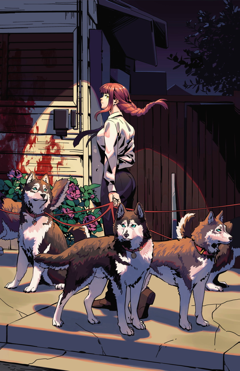 1girl arm_behind_back ass black_necktie blood blood_splatter braid chainsaw_man dog floating_hair flower highres holding holding_leash house huge_ass husky irahi leash long_hair looking_at_viewer looking_to_the_side makima_(chainsaw_man) necktie night outdoors profile red_hair shirt sidelocks standing white_shirt