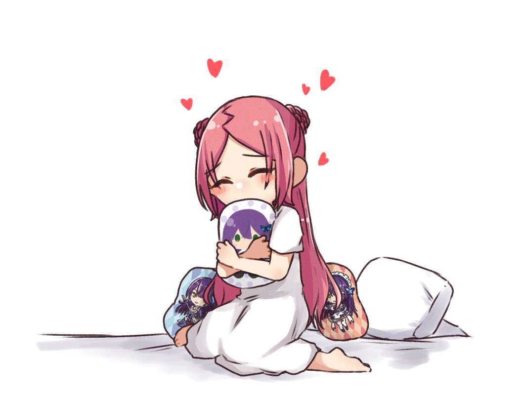 1girl ^_^ assault_lily barefoot bed_sheet blush braid braided_bun character_print closed_eyes commentary covered_mouth double_bun full_body funada_kiito hair_bun hands_up heart holding holding_pillow hugging_object nigari_(ngari_0115) nightgown parted_bangs pillow pillow_hug print_pillow red_hair shiba_tomoshibi short_sleeves simple_background sitting solo wariza white_background white_nightgown