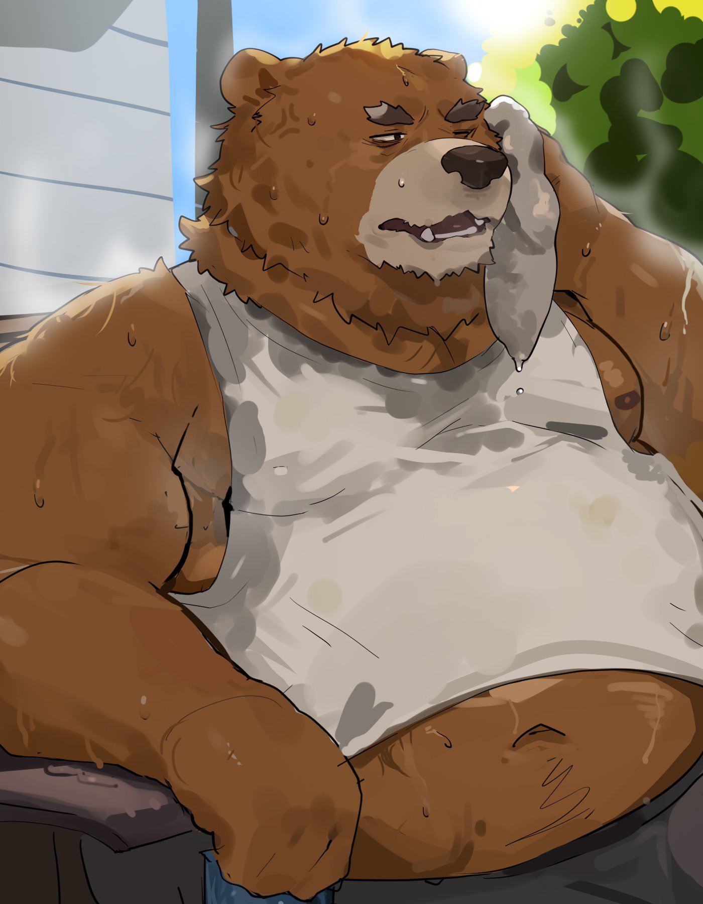 2023 anthro bear belly big_belly black_nose bodily_fluids brown_body brown_fur clothing fur hi_res iwbsb_kuma kemono male mammal musk one_eye_closed overweight overweight_male shirt solo sweat topwear towel