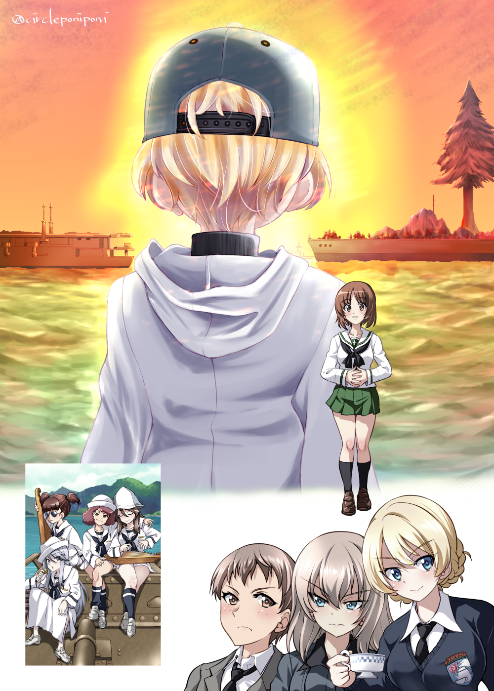 6+girls aircraft alternate_costume baseball_cap blonde_hair blue_eyes blue_headwear brown_eyes brown_hair closed_mouth coat darjeeling_(girls_und_panzer) day freckles frown girls_und_panzer grey_hair hat highres hood hood_down hooded_coat horizon inoue_yoshihisa instrument interlocked_fingers itsumi_erika kantele keizoku_school_ship kuromorimine_school_uniform movie_poster multiple_girls music naomi_(girls_und_panzer) nishizumi_miho ocean ooarai_naval_school_uniform ooarai_school_uniform orange_sky outdoors own_hands_together playing_instrument poster_parody saunders_school_uniform school_uniform ship short_hair sitting sky smile st._gloriana's_school_uniform standing textless_version tree twilight twitter_username vehicle_request very_short_hair watercraft white_coat white_hair youko_(girls_und_panzer) zuikaku_(girls_und_panzer)