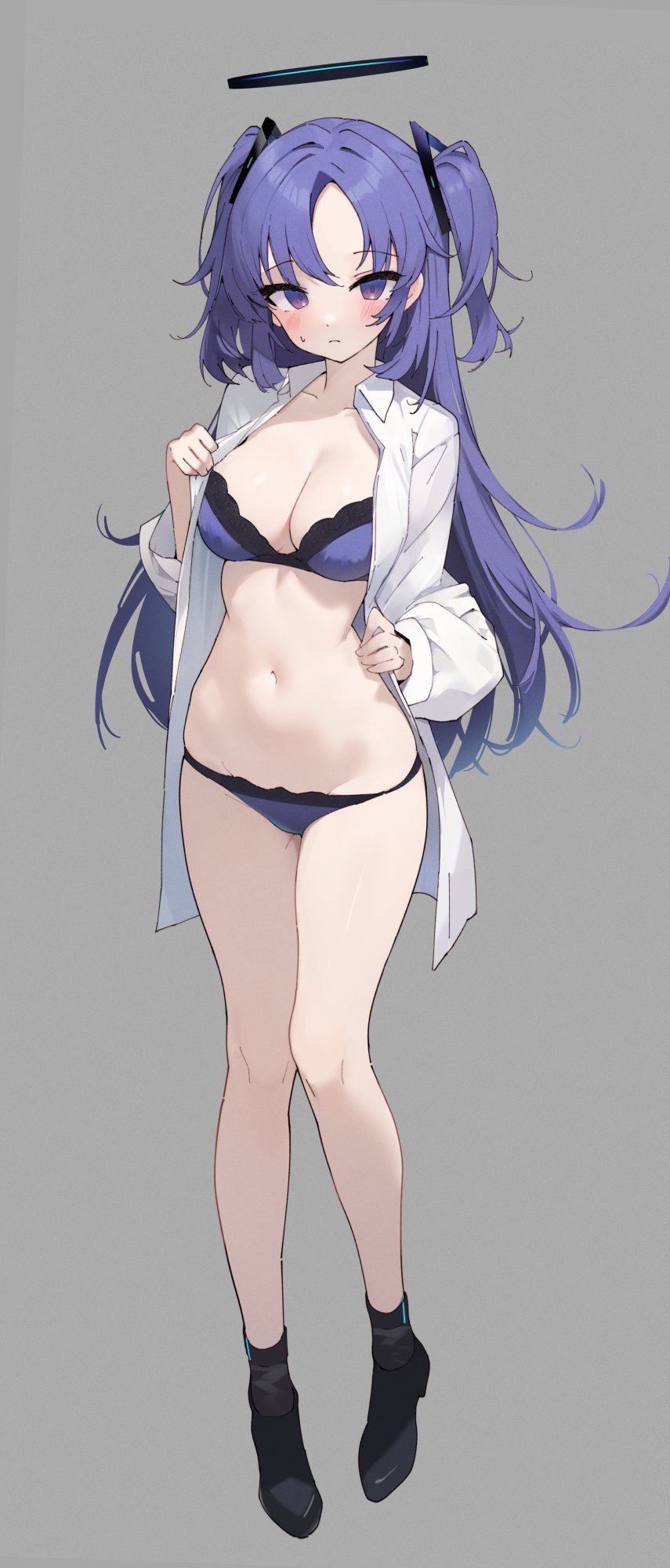 1girl black_footwear blue_archive blush bra breasts cleavage closed_mouth collarbone collared_shirt full_body grey_background halo harenchi highres long_hair long_sleeves looking_at_viewer mechanical_halo medium_breasts navel open_clothes open_shirt panties purple_bra purple_eyes purple_hair purple_panties shirt shoes simple_background solo stomach two_side_up underwear white_shirt yuuka_(blue_archive)