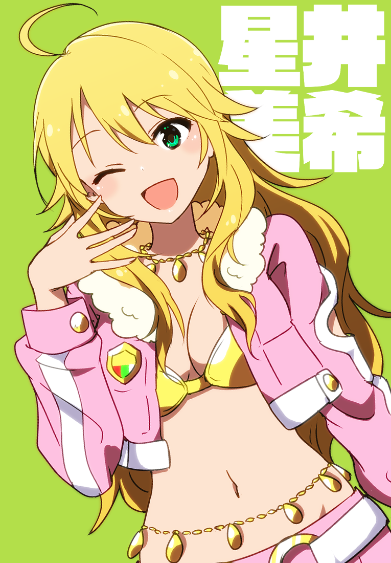 1girl ahoge belly_chain belt blonde_hair blush bra breasts character_name cleavage clothing_cutout crop_top cropped_jacket dot_nose fur-trimmed_collar green_background green_eyes hand_up hoshii_miki idolmaster idolmaster_(classic) idolmaster_million_live! idolmaster_million_live!_theater_days jacket jewelry kidachi large_breasts long_hair long_sleeves looking_at_viewer midriff navel necklace one_eye_closed open_hand open_mouth pink_diamond_765_(idolmaster) pink_jacket pink_shorts shorts simple_background smile solo underwear upper_body white_belt yellow_bra