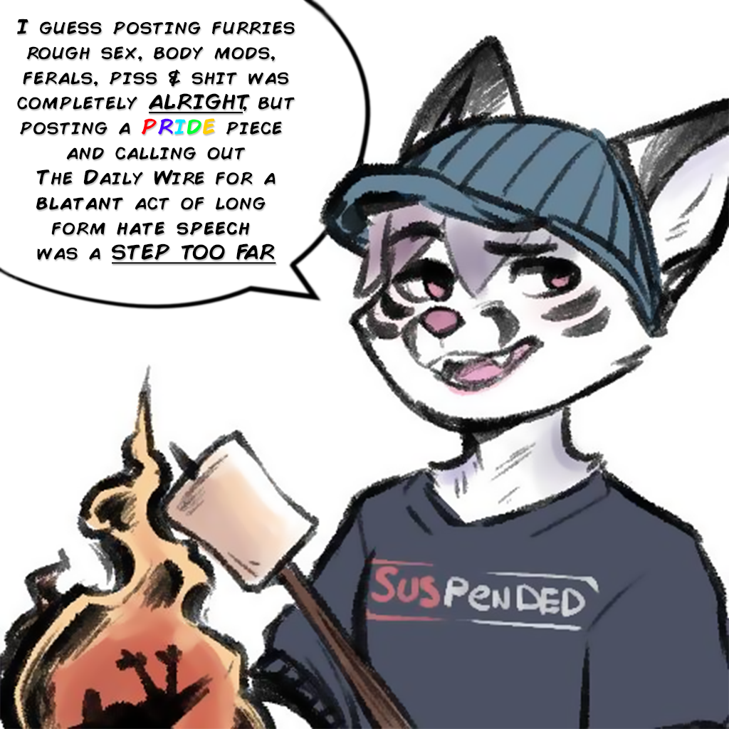 banned bastionshadowpaw cancelled candy canid canine dessert dumpster_fire fire food fox furry mammal marshmallow pride_(disambiguation) suspension twitter