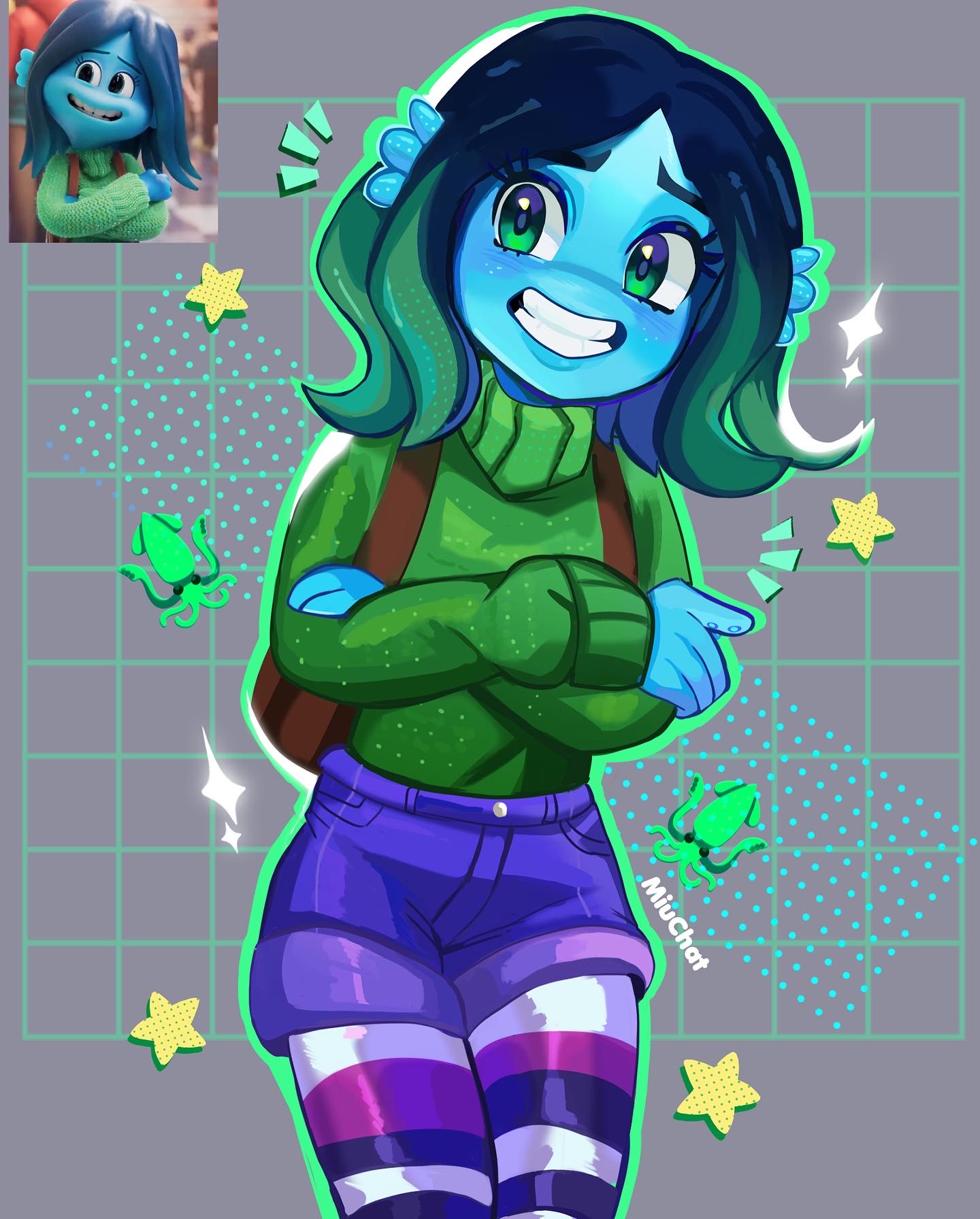1girl blue_hair blue_shorts blue_skin colored_skin fins green_eyes green_hair green_sweater grin head_fins highres miuchat_cat monster_girl multicolored_hair official_art_inset pantyhose reference_inset ruby_gillman ruby_gillman:_teenage_kraken shorts simple_background smile socks solo striped striped_socks sweater