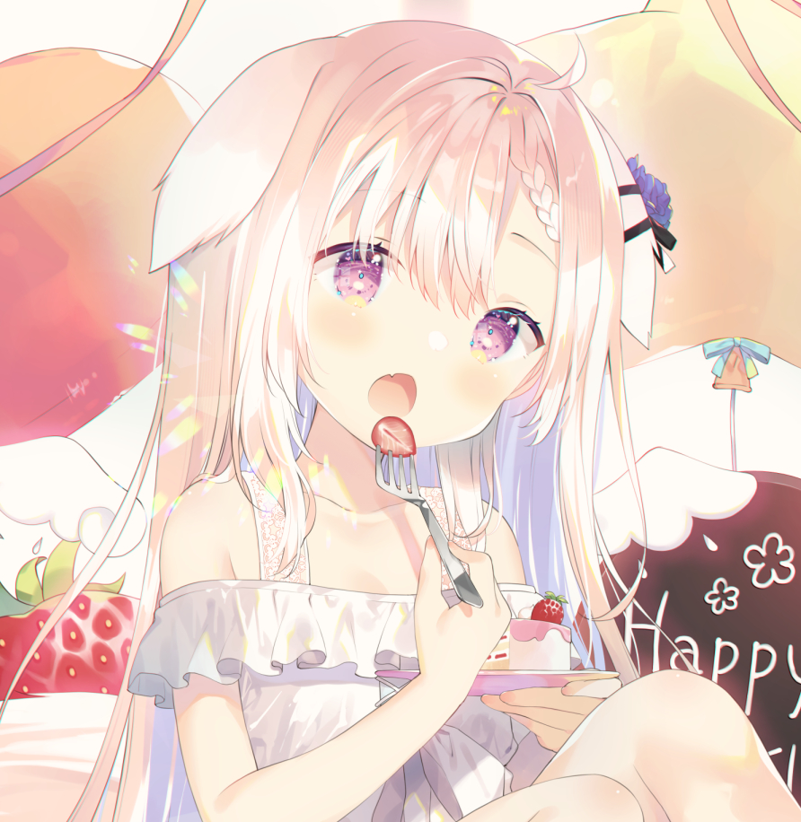 1girl :o animal_ears balloon bare_shoulders braid braided_bangs cake cake_slice collarbone detached_wings dog_ears dress fang feet_out_of_frame food fork fruit hair_between_eyes hair_ornament hairclip holding holding_fork holding_plate ion_kurumi knees_up light_brown_hair long_hair looking_at_viewer mini_wings off-shoulder_dress off_shoulder open_mouth plate purple_eyes reface_music_production sitting solo star_balloon strawberry very_long_hair virtual_youtuber white_dress white_wings wings yuizaki_kazuya