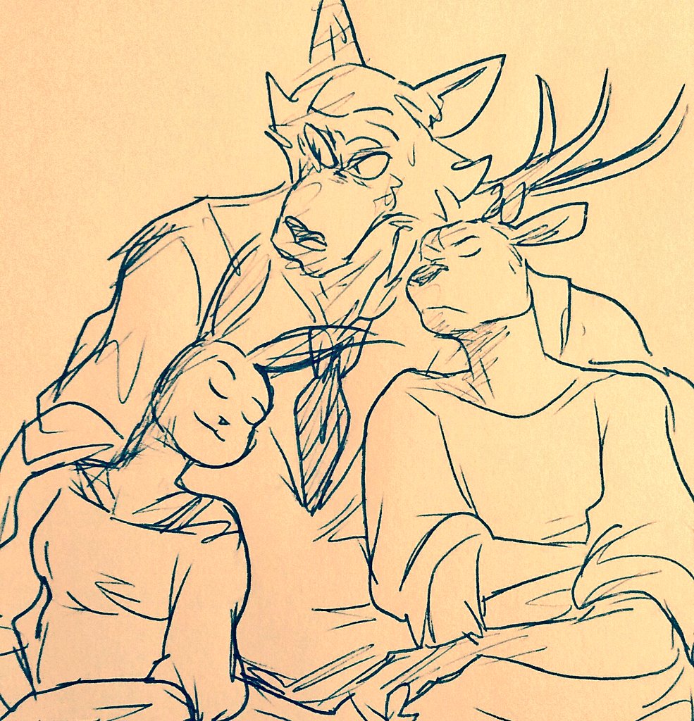 anthro beastars canid canine canis clothed clothing deer eyes_closed female fully_clothed group haru_(beastars) lagomorph leaning_on_another legoshi_(beastars) leporid louis_(beastars) male mammal rabbit sleeping sleeping_on_partner smile tired trio wolf wuffinarts