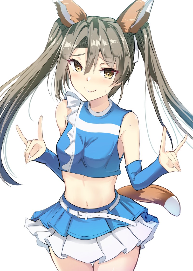 1girl animal_ears belt blue_skirt blush cheerleader closed_mouth commentary cowboy_shot dark_green_hair double_fox_shadow_puppet embarrassed fake_animal_ears fake_tail fox_ears fox_shadow_puppet fox_tail gin'ichi_(akacia) green_eyes hair_between_eyes hokkaido_nippon-ham_fighters kantai_collection layered_skirt long_hair navel pleated_skirt simple_background skirt solo tail white_background white_belt white_skirt zuikaku_(kancolle)