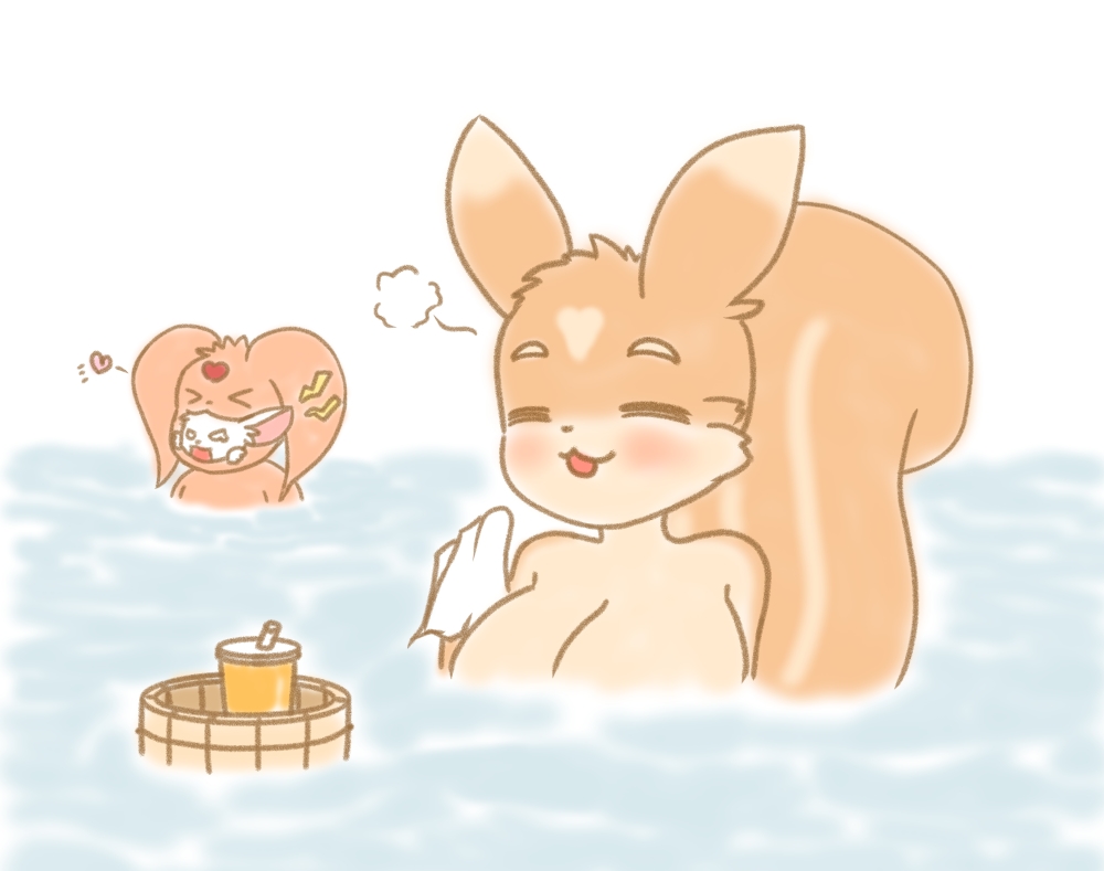 &lt;3 :3 anthro big_breasts blush breasts bucket container eyes_closed facial_markings female forehead_markings group happy head_markings hot_spring mammal markings mouse murid murine onsen open_mouth partially_submerged rodent sciurid simple_background smile species_request steam tree_squirrel trio ururu_maru water white_background white_clothes_(game) wooden_bucket