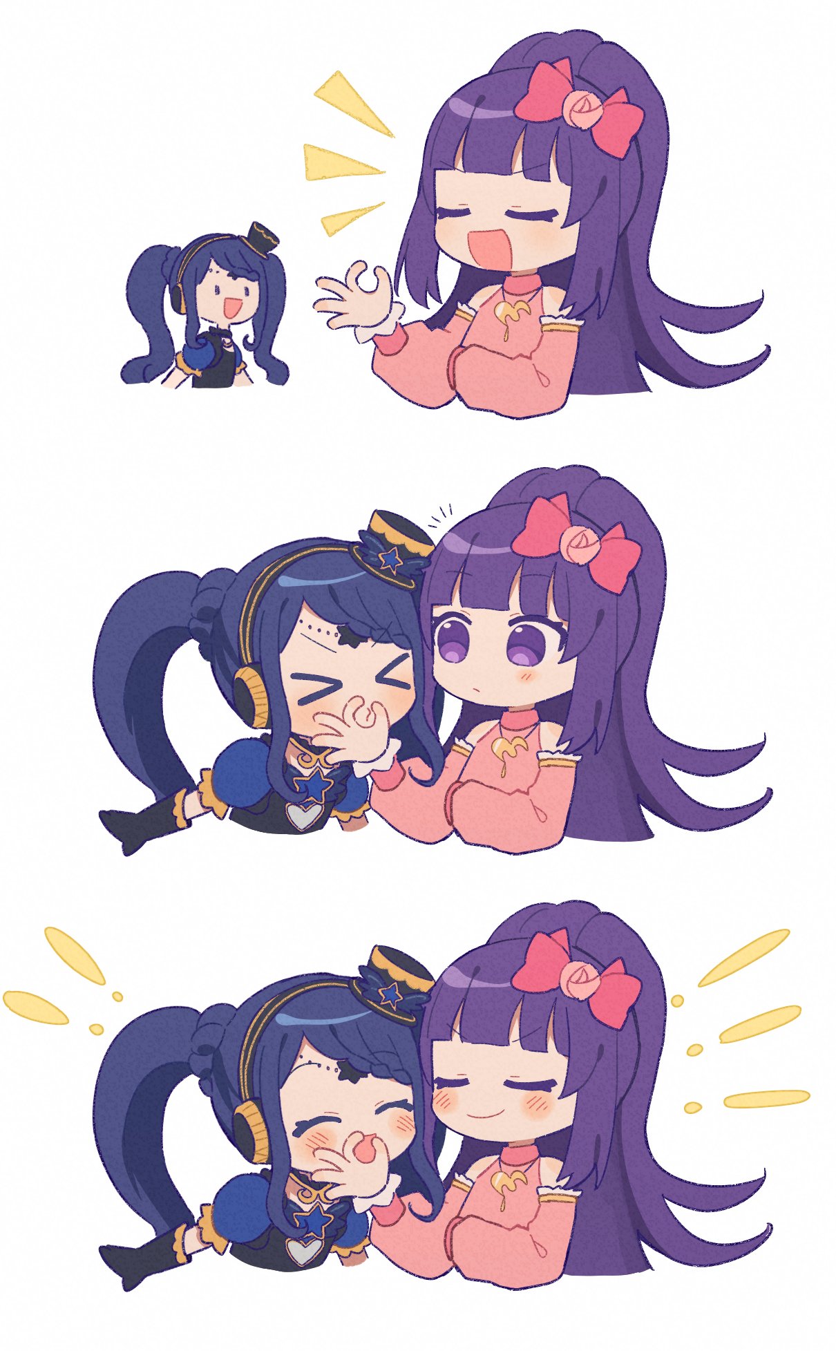 &gt;_&lt; 2girls :d ^_^ black_gloves blue_hair blunt_bangs blush bow braid braided_bangs closed_eyes closed_mouth commentary_request cropped_torso detached_sleeves facing_another galala_s_leep gloves hair_bow hanazono_shuuka hand_up hat headphones highres idol_time_pripara korean_commentary long_hair looking_at_another mini_hat multiple_girls multiple_views notice_lines ok_sign open_mouth pink_bow pink_sleeves ponytail pretty_(series) pripara puffy_short_sleeves puffy_sleeves purple_eyes purple_hair sequential short_sleeves simple_background smile star_(symbol) sururufu twintails upper_body v-shaped_eyebrows white_background