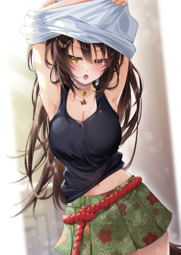 1girl armpits bell biwa_ton10 black_tank_top breasts brown_hair choker cleavage clothes_lift fangs green_skirt heterochromia inui_toko jingle_bell large_breasts looking_at_viewer miniskirt navel neck_bell nijisanji official_alternate_costume open_mouth pleated_skirt red_eyes red_rope rope shimenawa shirt shirt_lift skirt solo sweat tank_top undressing virtual_youtuber white_choker white_shirt yellow_eyes