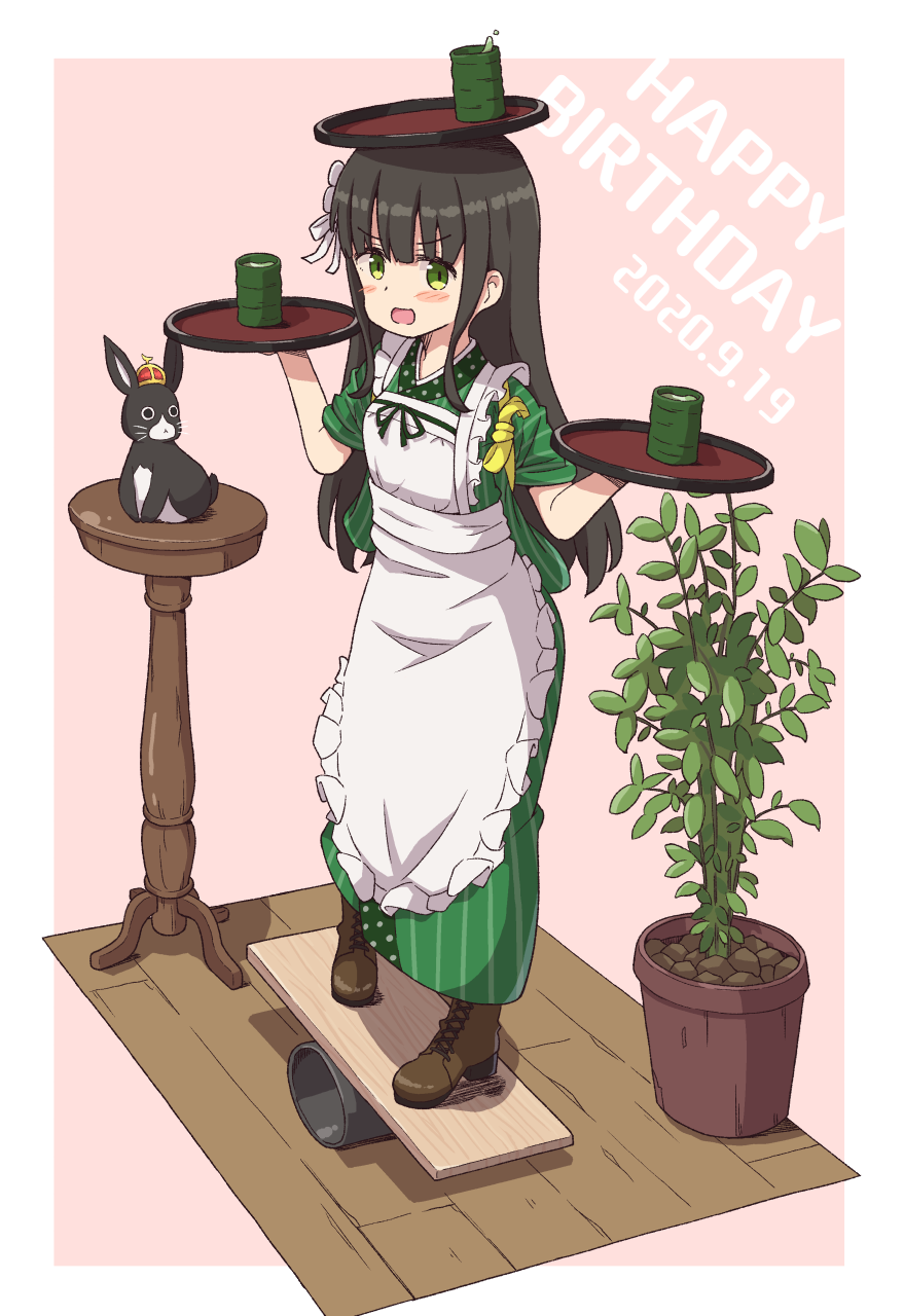 1girl ama_usa_an_uniform anko_(gochiusa) apron balancing balancing_on_head black_hair black_ribbon blunt_bangs blush boots breasts brown_footwear commentary_request crown cup dated flower frilled_apron frills gochuumon_wa_usagi_desu_ka? green_eyes green_kimono green_tea hair_flower hair_ornament hair_ribbon happy_birthday highres holding holding_tray japanese_clothes kimono long_hair looking_at_another looking_at_viewer maid_apron mini_crown mohei on_head on_table open_mouth outline pink_background plank plant polka_dot_trim potted_plant rabbit ribbon sidelocks sleeves_rolled_up small_breasts standing striped striped_kimono table tea tray ujimatsu_chiya vertical-striped_kimono vertical_stripes white_apron white_flower white_outline white_ribbon wooden_floor yunomi