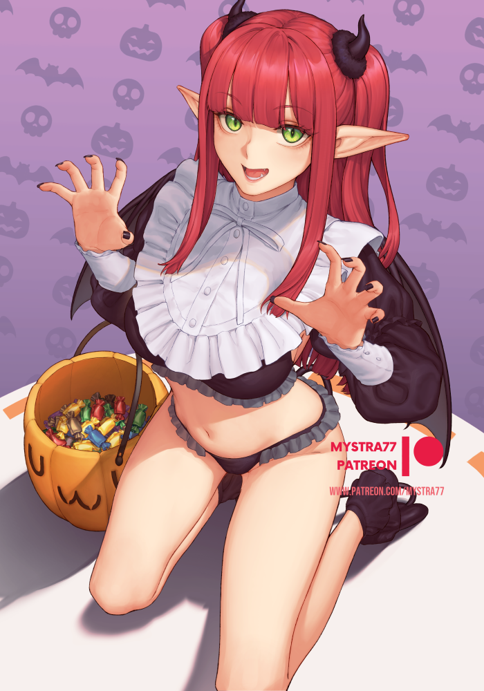 1girl :d bikini bikini_bottom_only black_nails breasts candy claw_pose demon_horns demon_wings fangs food frills green_eyes halloween_bucket horns kitagawa_marin kneeling medium_breasts mystra77 open_mouth pointy_ears purple_background red_hair rizu-kyun smile solo sono_bisque_doll_wa_koi_wo_suru swimsuit thighs wings