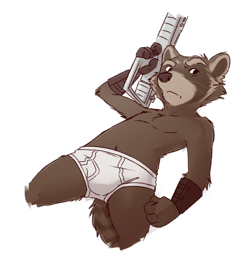 2021 anthro armor biped black_nose briefs brown_body brown_fur bulge cheek_tuft clothed clothing digital_media_(artwork) facial_markings facial_tuft fingers fluffy fluffy_tail frown fur genitals guardians_of_the_galaxy gun head_markings holding_gun holding_object holding_weapon iztli looking_aside male mammal markings marvel mask_(marking) multicolored_body multicolored_fur navel procyonid raccoon ranged_weapon ring_(marking) ringtail rocket_raccoon shaded short_anthro short_male simple_background solo tail tail_markings topless topless_anthro topless_male tuft underwear vambraces weapon whiskers white_background white_briefs white_clothing white_ear_tips white_muzzle white_underwear