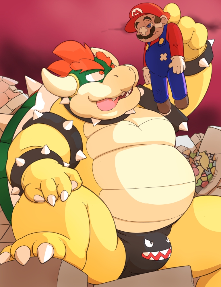 2023 anthro band-aid bandage belly big_belly bowser bulge clothing duo hat headgear headwear human humanoid_hands kemono koopa male mammal mario mario_bros meg_hoi nintendo overalls overweight overweight_male scalie shirt sitting tongue tongue_out topwear underwear