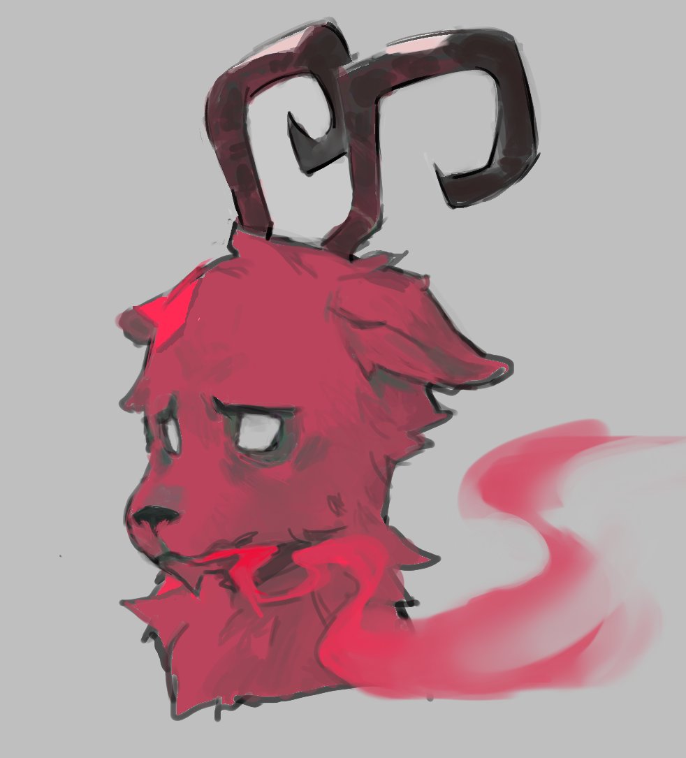 ambiguous_gender anthro bovid bust_portrait caprine christmas curled_horn don't_starve exhaling_smoke fur goat grey_background holidays horn klei_entertainment krampus male_(lore) mammal portrait ramssa red_body red_fur simple_background smoke solo white_eyes