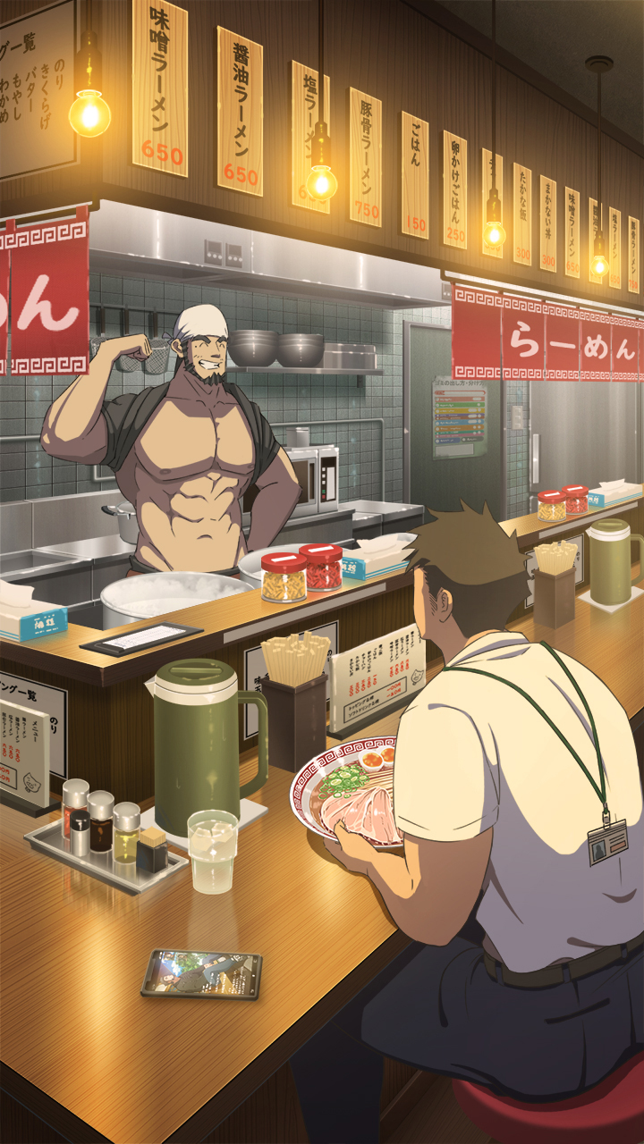 2boys ^_^ abs bandana bara bare_pectorals beard black_hair bowl chair chef closed_eyes clothes_lift cup eating egg_(food) facial_hair flexing food grin highres jug_(bottle) large_pectorals light_bulb male_focus mature_male multiple_boys muscular muscular_male nipples noodles original oro9 paid_reward_available pectorals ramen restaurant shirt_behind_neck shirt_lift short_hair smile stomach stubble thick_eyebrows tied_sleeves topless_male white_bandana