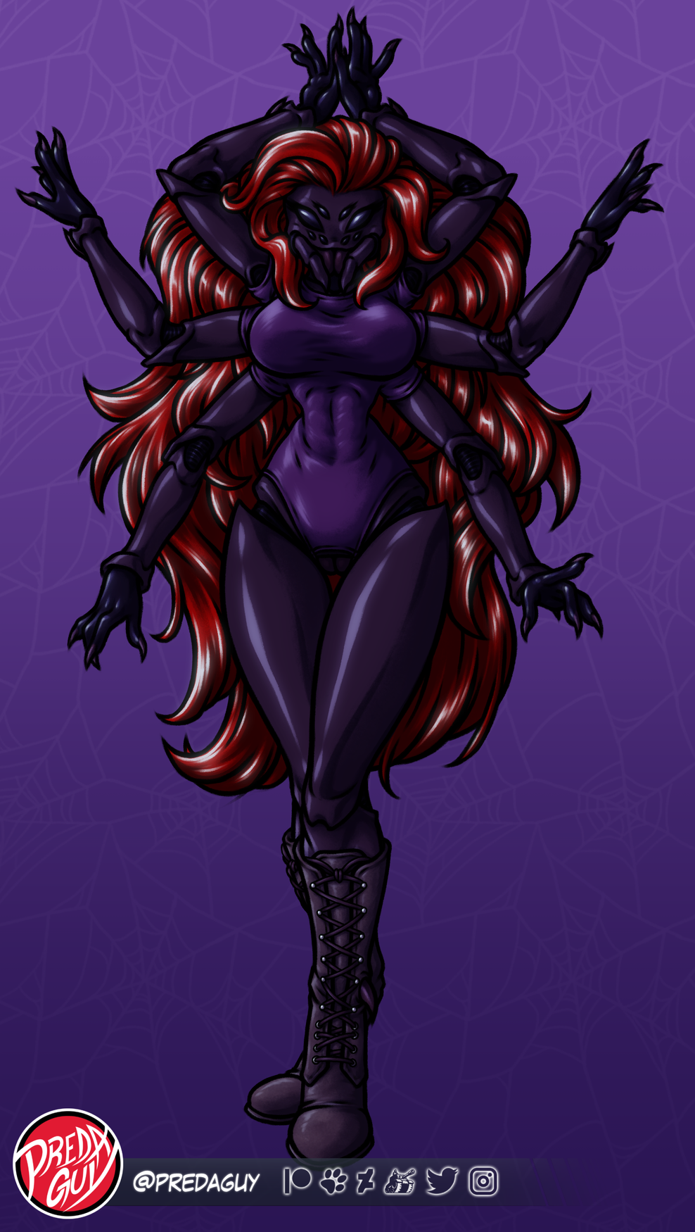 adoptable anthro arachnid araneomorph arthropod big_hair black_widow_spider bodysuit boots clothing crotchless_clothing footwear furgonomics hair hi_res male multi_limb predaguy red_hair skinsuit solo spider tall_boots theridiid tight_clothing widow_spider