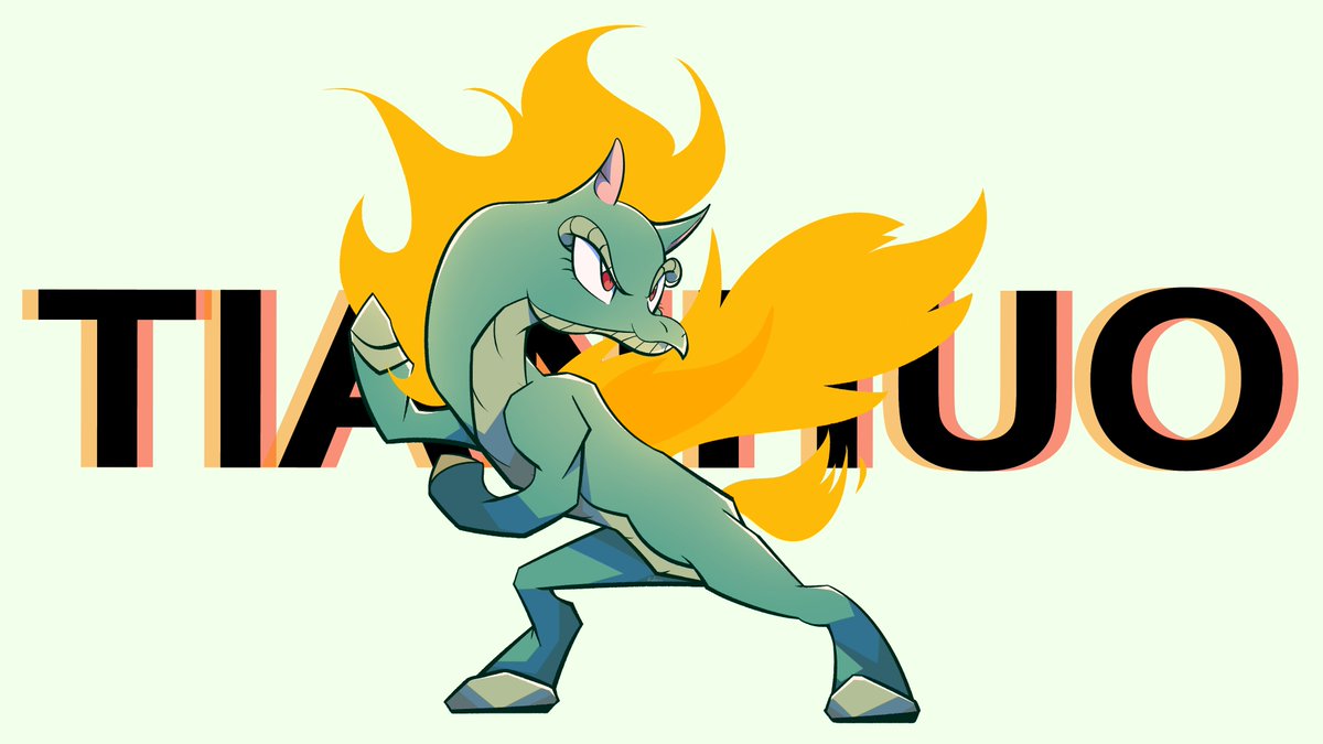 2021 asian_mythology character_name chinese_mythology countershading digital_media_(artwork) east_asian_mythology female feral fire flaming_hair flaming_tail green_body hair hooves kafonn longma mythology on_hind_legs orange_hair orange_tail orange_wings pink_inner_ear pose pseudo_hair red_eyes signature simple_background smile solo tail them's_fightin'_herds tianhuo_(tfh) white_background wings