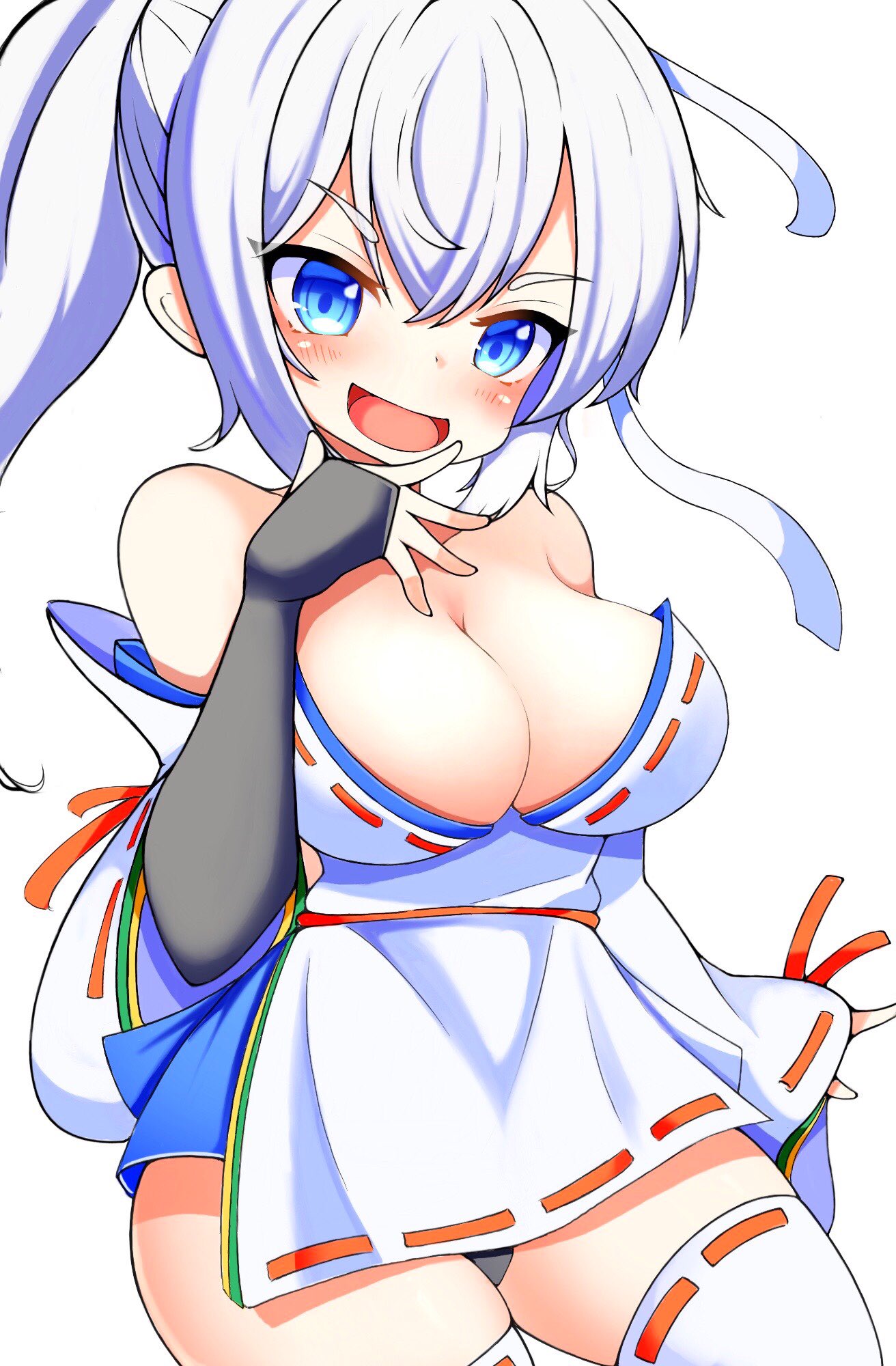 1girl :d bare_shoulders black_gloves blue_eyes blue_skirt breasts cleavage commentary fingerless_gloves gloves gyuta highres japanese_clothes kariginu large_breasts long_hair long_sleeves mononobe_no_futo official_alternate_costume open_mouth ponytail ribbon-trimmed_legwear ribbon_trim simple_background skirt smile solo thighhighs touhou white_background white_hair white_thighhighs