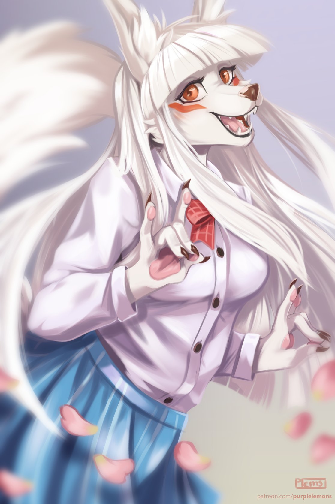 anthro asian_clothing breasts canid canine clothed clothing digital_media_(artwork) east_asian_clothing female fox fur hair hi_res japanese_clothing japanese_school_uniform kemono looking_at_viewer mammal markings open_mouth purplelemons red_eyes school_uniform smile solo tamamo-chan's_a_fox tamamo_fushimi topwear uniform white_body white_fur