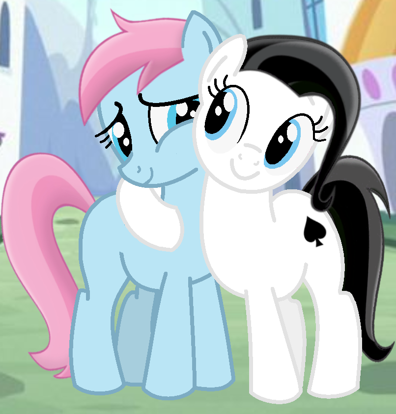 ace_of_spades black_mane black_tail blue_body blue_eyes blue_skin canterlot cutie_mark duo earth_pony embrace equid equine eye_contact fan_character female friends friendship_is_magic happy hasbro horse hug looking_at_another mammal mane my_little_pony photo pink_mane pink_tail pony spades_ace tail tank_legendary_man water_lilly