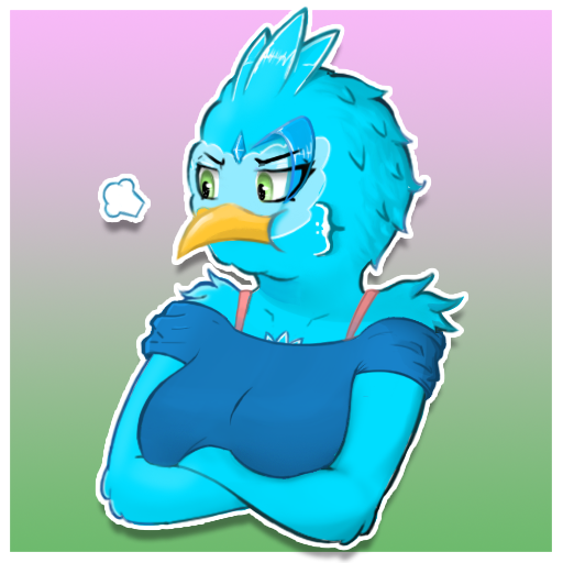 accipitrid accipitriform anthro avian beak bird blue_body blue_feathers clothed clothing crossed_arms eagle eyebrows feathers female forehead_gem gradient_background grumpy mvikt outline pink_clothing pink_shirt pink_topwear shirt simple_background solo sticker topwear viktoria