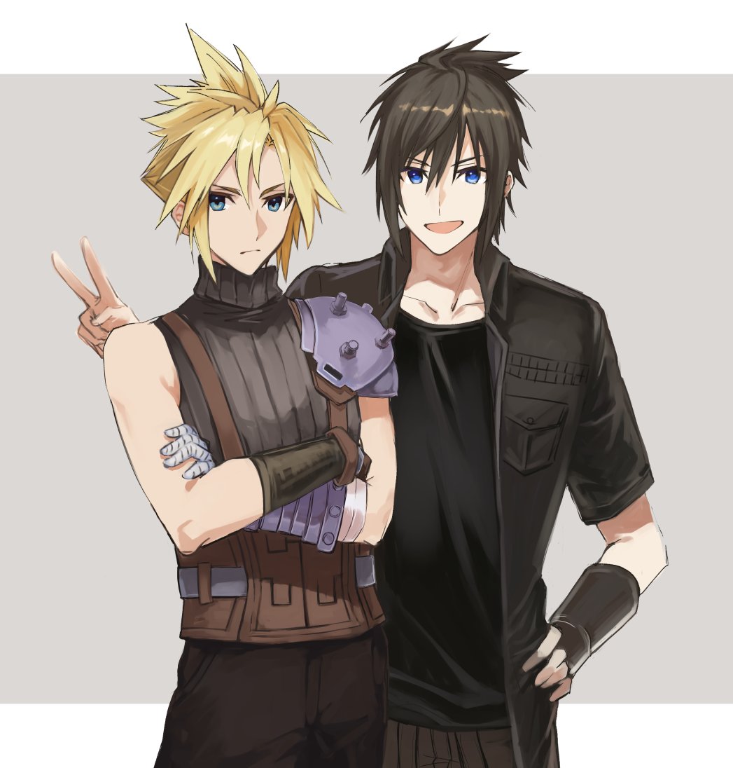 2boys 57hosr armor black_gloves black_hair black_jacket black_shirt blonde_hair blue_eyes border closed_mouth cloud_strife collarbone commentary cowboy_shot crossed_arms final_fantasy final_fantasy_vii final_fantasy_vii_remake final_fantasy_xv fingerless_gloves gloves hair_between_eyes hand_on_own_hip hand_up jacket looking_at_viewer male_focus multiple_boys noctis_lucis_caelum open_clothes open_jacket open_mouth outside_border ribbed_sweater serious shirt short_hair short_sleeves shoulder_armor single_glove sleeveless sleeveless_turtleneck smile spiked_hair sweater turtleneck turtleneck_sweater v white_border