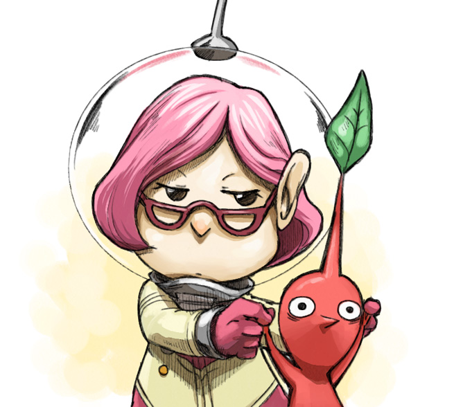 1girl arms_up bags_under_eyes black_eyes brittany_(pikmin) buttons closed_mouth colored_skin commentary_request eyelashes glasses gloves half-closed_eyes helmet holding_another's_wrist leaf light_frown naru_(wish_field) no_mouth pikmin_(creature) pikmin_(series) pink_gloves pink_hair pink_skirt pointy_nose radio_antenna red-framed_eyewear red_pikmin red_skin short_hair skirt solid_eyes space_helmet spacesuit triangular_eyewear upper_body whistle white_background