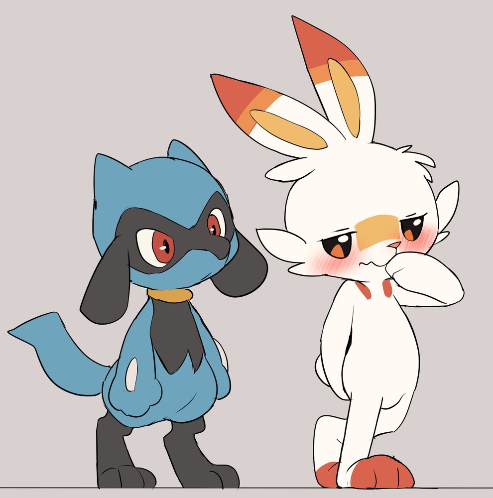 3_toes anthro black_body black_fur blue_body blue_fur blush duo embarrassed feet fur generation_4_pokemon generation_8_pokemon half-closed_eyes looking_at_another male manmosu_marimo narrowed_eyes nintendo orange_eyes pokemon pokemon_(species) red_eyes riolu scorbunny tail toes white_body white_fur