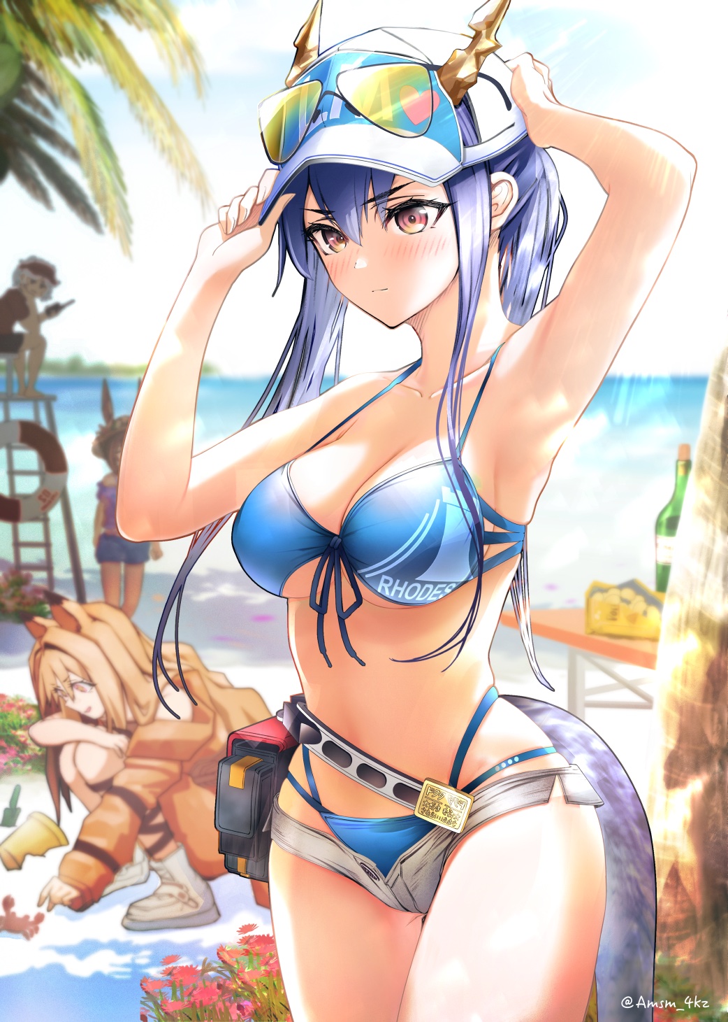1boy 3girls adjusting_clothes adjusting_headwear animal_ears arknights bare_shoulders beach bikini blue_bikini blue_hair blurry blurry_background blush breasts ceobe_(arknights) ceobe_(summer_flowers)_(arknights) ch'en_(arknights) ch'en_the_holungday_(arknights) ch'en_the_holungday_(elite_ii)_(arknights) closed_mouth collarbone commentary_request cowboy_shot crab day dog_ears dog_girl dragon_girl dragon_horns dragon_tail eyewear_on_headwear female_tourist_a_(arknights) front-tie_bikini_top front-tie_top full_body grey_shorts hair_between_eyes highres horns horns_through_headwear jaye_(arknights) jaye_(beach_guard)_(arknights) lifeguard lifeguard_chair long_hair micro_shorts multiple_girls official_alternate_costume open_clothes open_mouth open_shorts orange_hair outdoors palm_tree red_eyes red_shirt rhodes_island_logo shirt shorts smile stomach swimsuit tail thighs tree visor_cap yokaze_(yokajie)