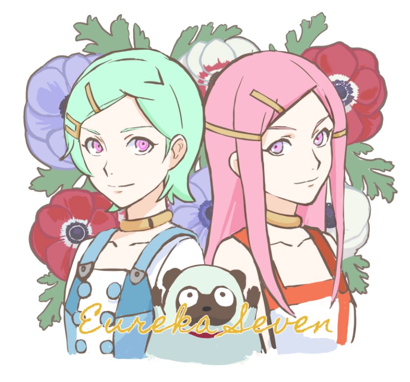 2girls anemone_(eureka_seven) anemone_(flower) aqua_hair blue_dress closed_mouth copyright_name cropped_torso dress eureka_(eureka_seven) eureka_seven eureka_seven_(series) flower gulliver_(eureka_seven) hair_ornament hairclip jewelry long_hair looking_at_viewer multiple_girls neck_ring nekkikamille pink_eyes pink_hair purple_eyes short_hair side-by-side sidelocks smile two-tone_dress white_dress