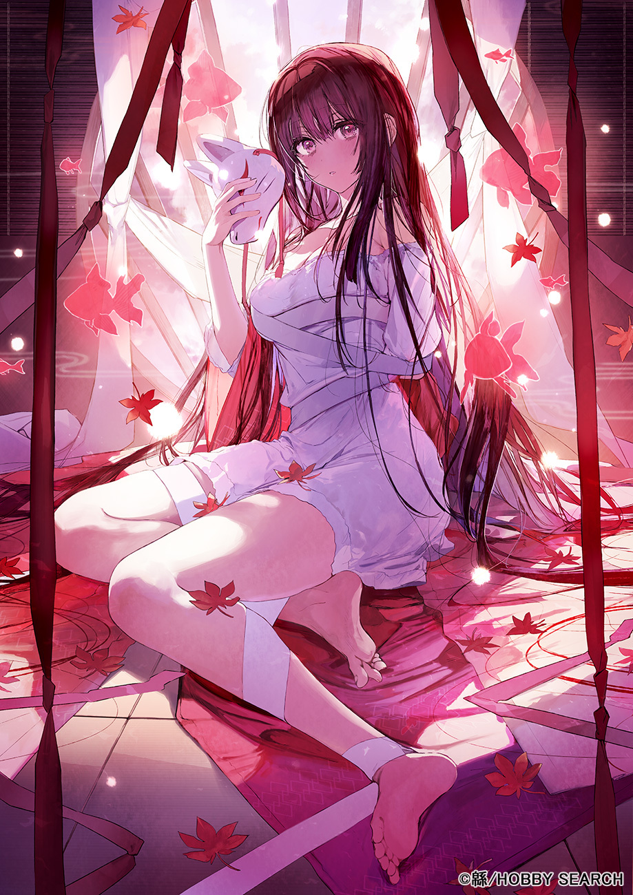 barefoot copyright_request dress fox_mask highres leaf looking_at_viewer maple_leaf mask open_mouth parted_lips red_eyes red_hair unworn_mask wata_(attaka_towel) white_dress wrapped_up