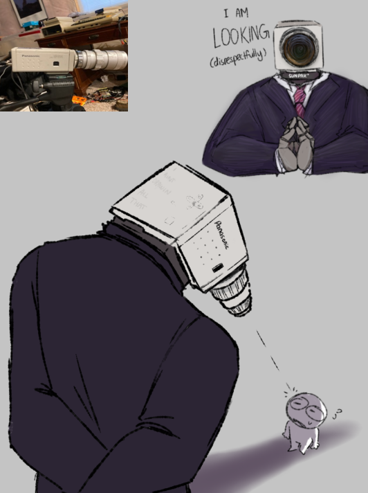 ambiguous_gender bodily_fluids camera camera_head cctv classy climaxel clothing for_a_head humanoid humor looking_at_another looking_down necktie object_head panasonic reference_image scared security security_camera sketch solo suit sweat