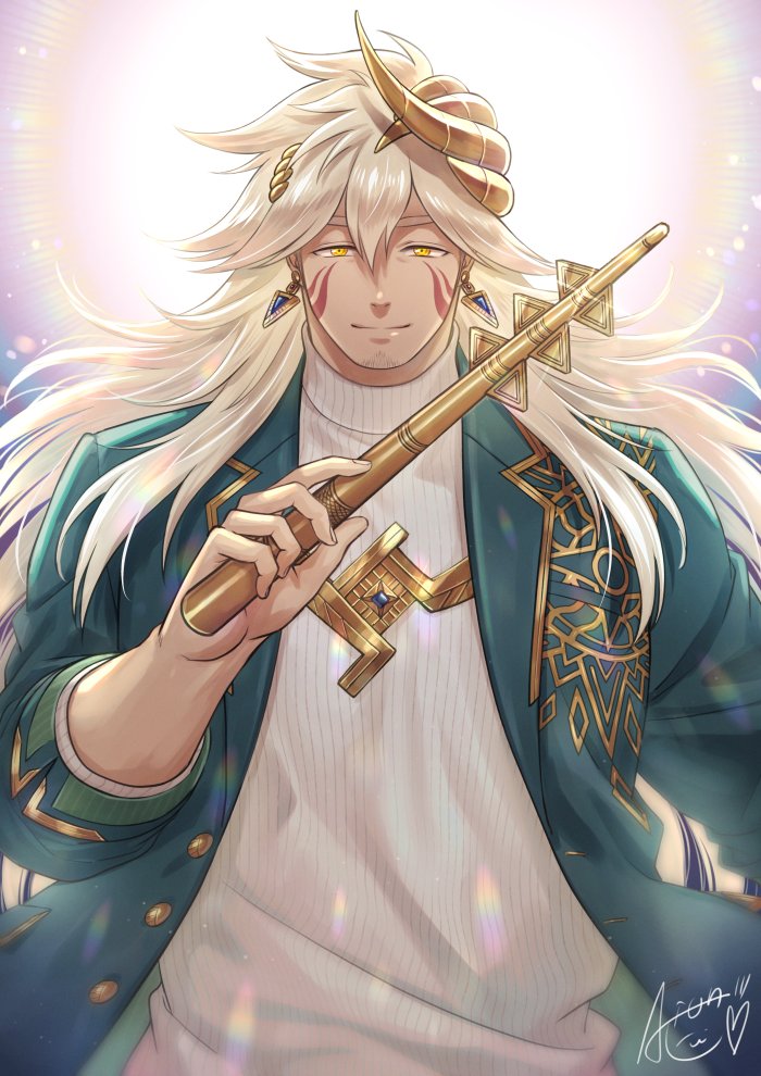 1boy aion_kiu bara blonde_hair closed_mouth coat commentary_request earrings facial_tattoo goatee_stubble gold_trim green_coat hair_between_eyes hair_ornament holding holding_wand jewelry light_particles long_hair looking_at_viewer male_focus shamash_(housamo) signature smile solo sweater tattoo tokyo_afterschool_summoners triangle_earrings turtleneck turtleneck_sweater upper_body wand yellow_eyes