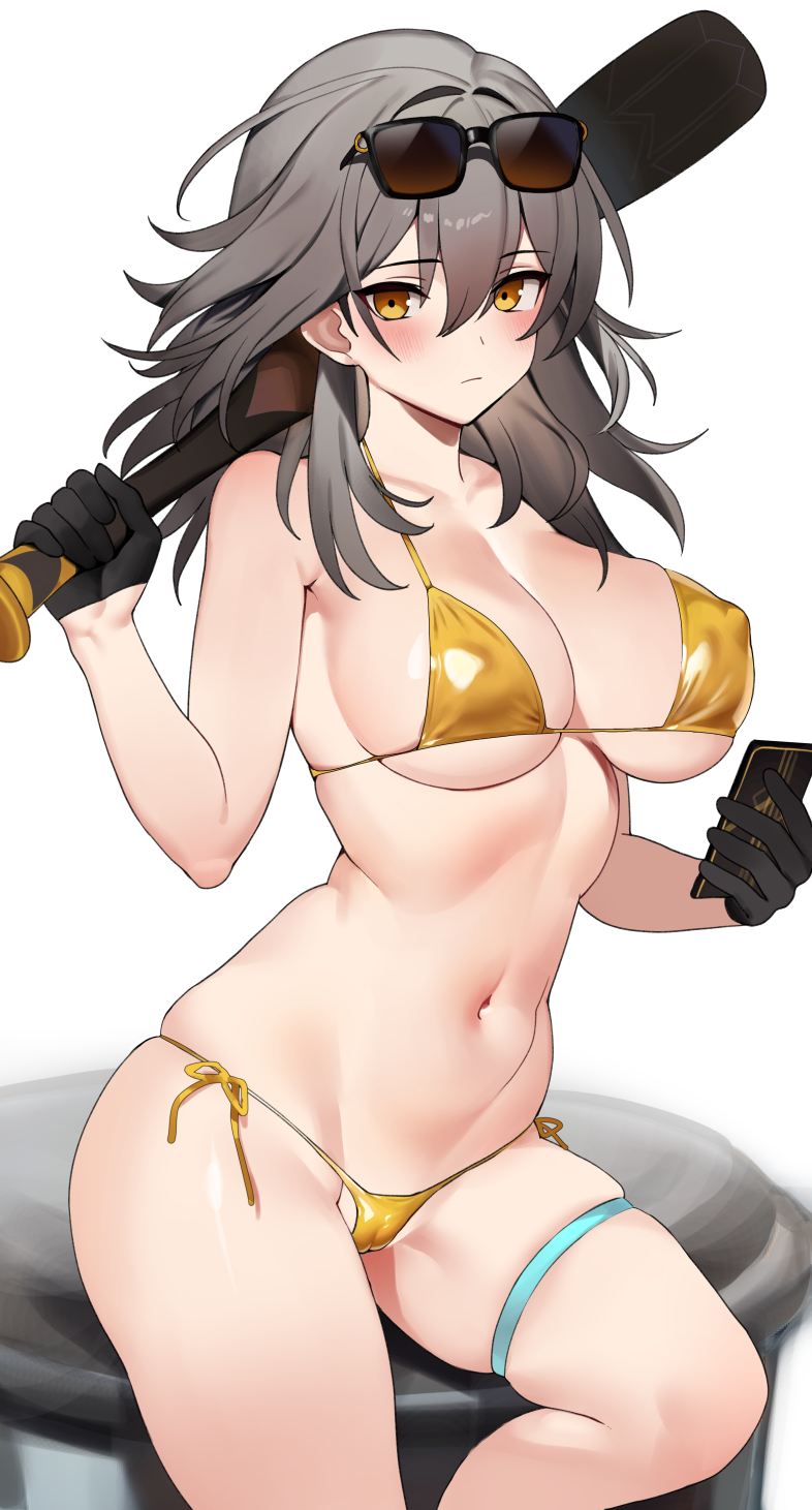 1girl bare_shoulders baseball_bat bikini black_gloves blush breasts cleavage collarbone eyewear_on_head gloves gold_bikini grey_hair highres honkai:_star_rail honkai_(series) large_breasts legs long_hair looking_at_viewer navel ndgd solo stelle_(honkai:_star_rail) sunglasses swimsuit thighs trailblazer_(honkai:_star_rail) trash_can yellow_bikini yellow_eyes