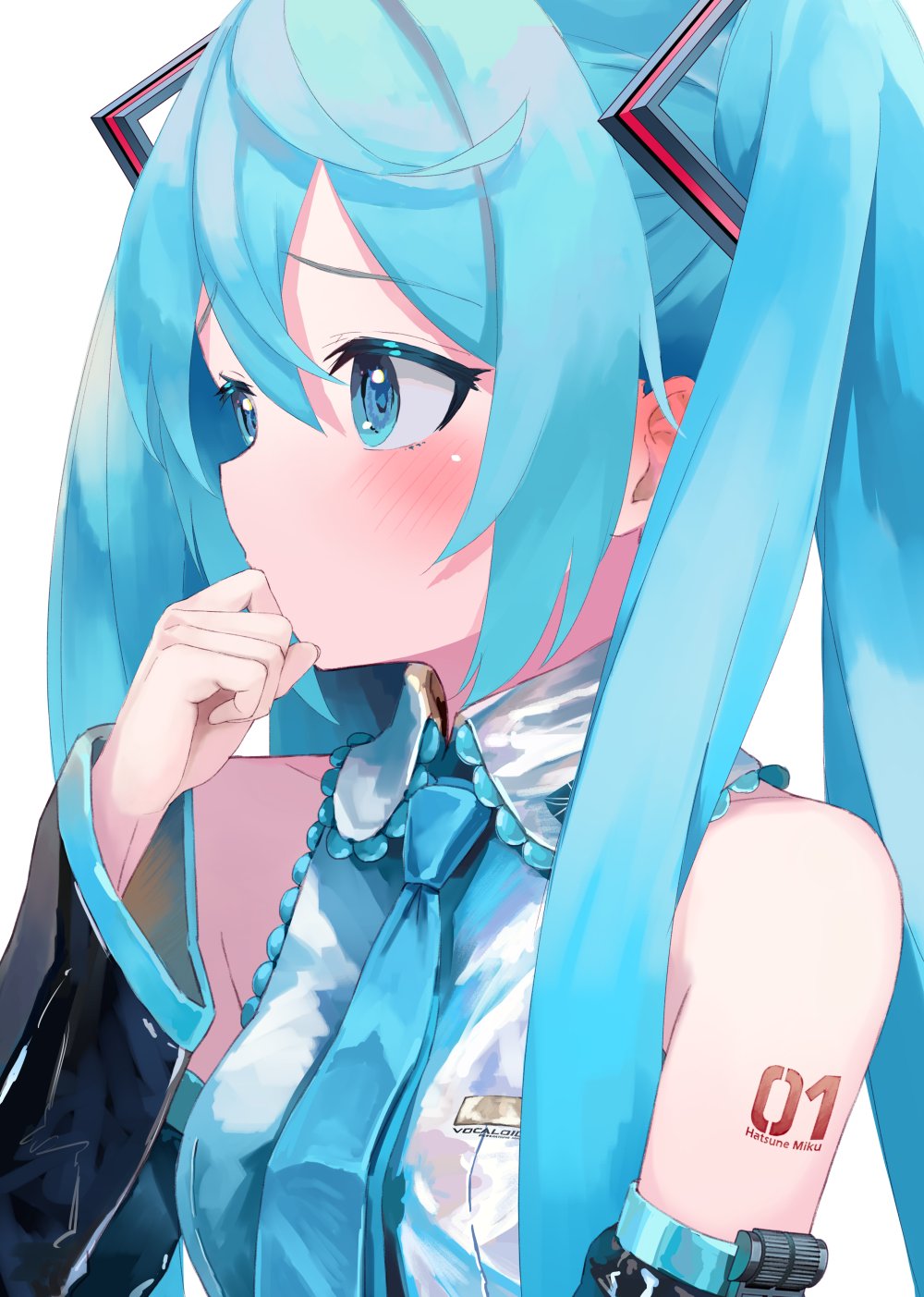 1girl aqua_eyes aqua_hair aqua_necktie bare_shoulders black_sleeves blush breasts character_name collared_shirt commentary detached_sleeves grey_shirt hair_between_eyes hair_ornament hand_to_own_mouth hand_up hatsune_miku highres long_hair long_sleeves looking_to_the_side necktie number_tattoo shirt shoulder_tattoo sidelocks simple_background sleeveless sleeveless_shirt small_breasts solo symbol-only_commentary takepon1123 tattoo twintails upper_body vocaloid white_background wide_sleeves
