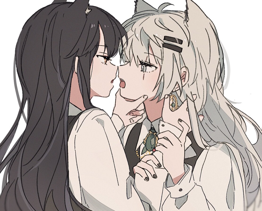 2girls animal_ear_fluff animal_ears arknights black_hair black_nails brown_eyes collared_shirt earrings extra_ears eye_contact fangs from_side grey_eyes grey_hair hair_between_eyes hair_ornament hairclip hand_on_another's_chin holding holding_another's_arm imminent_kiss jewelry lappland_(arknights) long_hair long_sleeves looking_at_another multiple_girls nail_polish open_mouth profile scar scar_across_eye scar_on_face seri_(vyrlw) shirt simple_background texas_(arknights) tongue tongue_out upper_body white_background white_shirt wolf_ears wolf_girl yuri