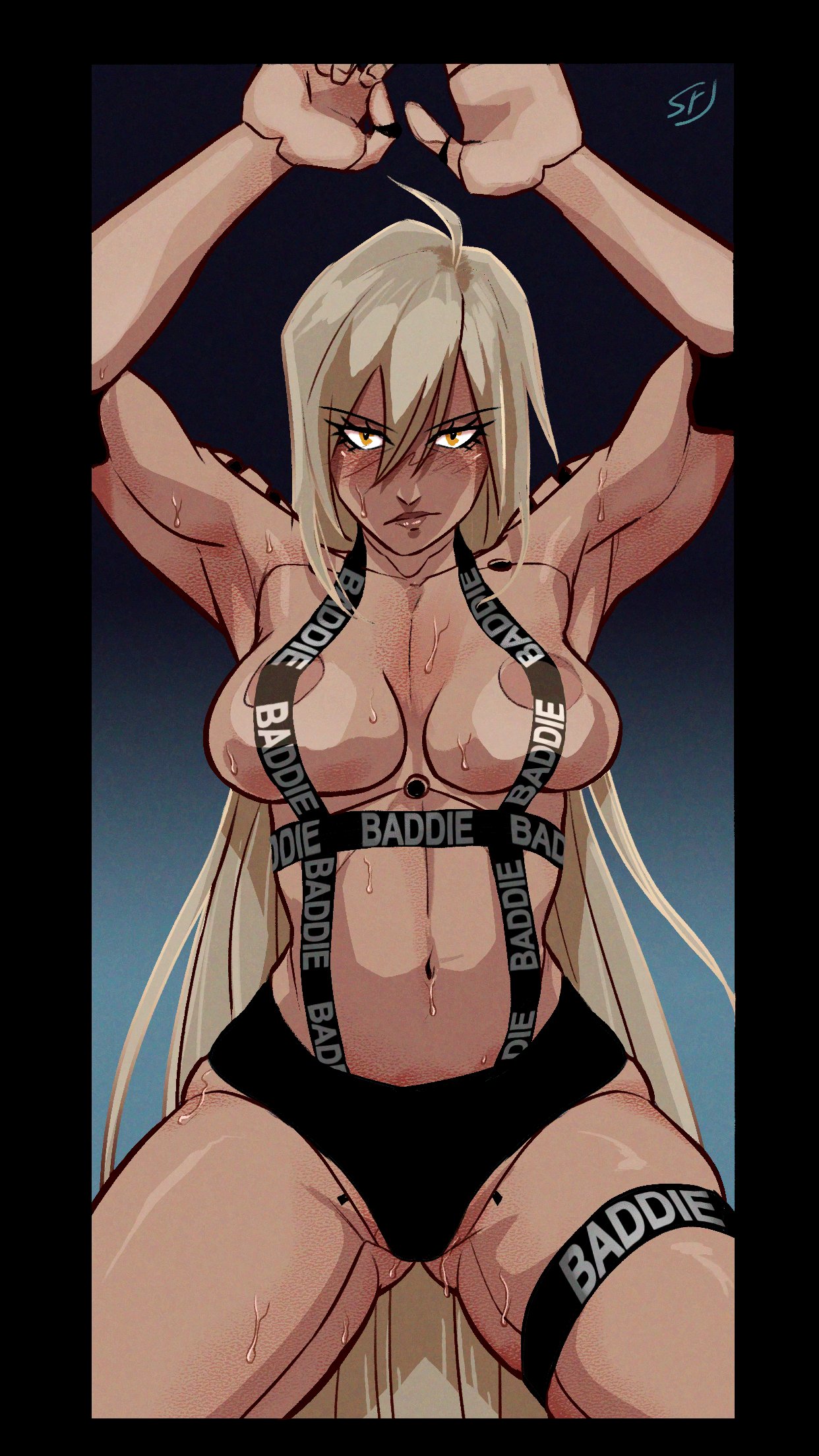 1girl android areola_slip armpits arms_up ass_visible_through_thighs black_border black_panties blonde_hair border breasts commentary cowboy_shot english_commentary frown highres large_breasts long_hair navel orange_eyes original panties sagging_breasts signature solo steadyknight sweat thigh_strap toned underwear very_long_hair