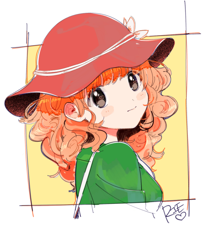 1girl bag blush_stickers brown_eyes character_name closed_mouth curly_hair flower green_shirt hat hat_flower heart heart_in_eye orange_hair pop'n_music red_headwear rie-chan sgwyi shirt solo symbol_in_eye unfinished upper_body