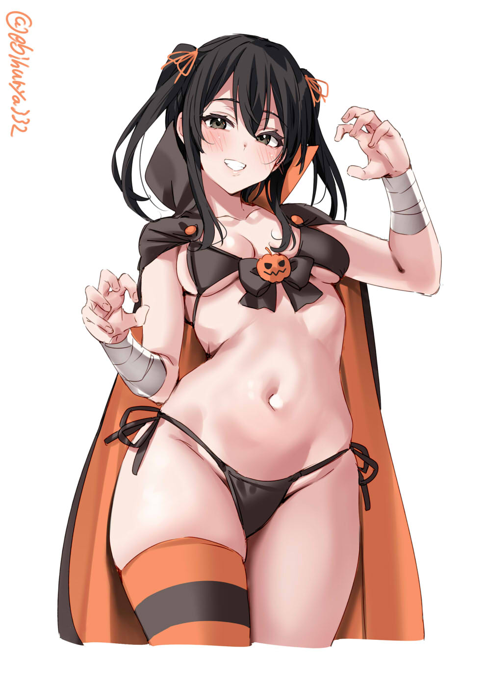 1girl bandaged_arm bandages bikini black_bikini black_cape black_hair black_thighhighs blush breasts cape claw_pose collarbone cropped_legs ebifurya foreshortening grey_eyes grin groin hair_ribbon highres jack-o'-lantern_ornament kantai_collection long_hair looking_at_viewer navel one-hour_drawing_challenge orange_cape orange_thighhighs ribbon sendai_(kancolle) side-tie_bikini_bottom sidelocks simple_background single_thighhigh smile solo stomach string_bikini swimsuit thighhighs thighs twintails twitter_username underboob white_background