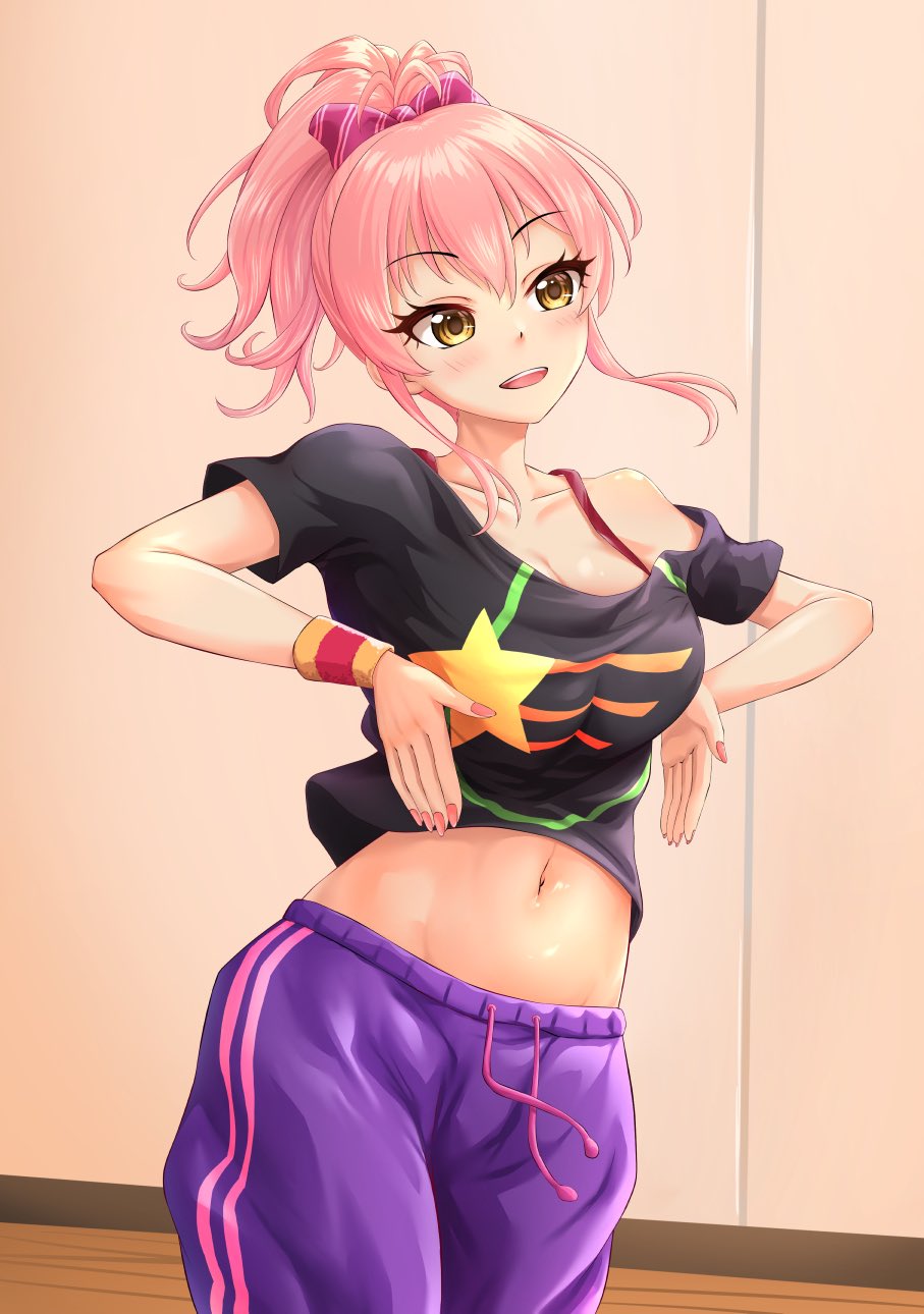 1girl :d black_shirt bow breasts cowboy_shot hair_bow highres idolmaster idolmaster_cinderella_girls jougasaki_mika large_breasts midriff nail_polish navel pants pink_bow pink_hair pink_pants ponytail rikai_tte_nainari_(nokinari) shirt single_bare_shoulder smile solo stomach sweatband teeth upper_teeth_only