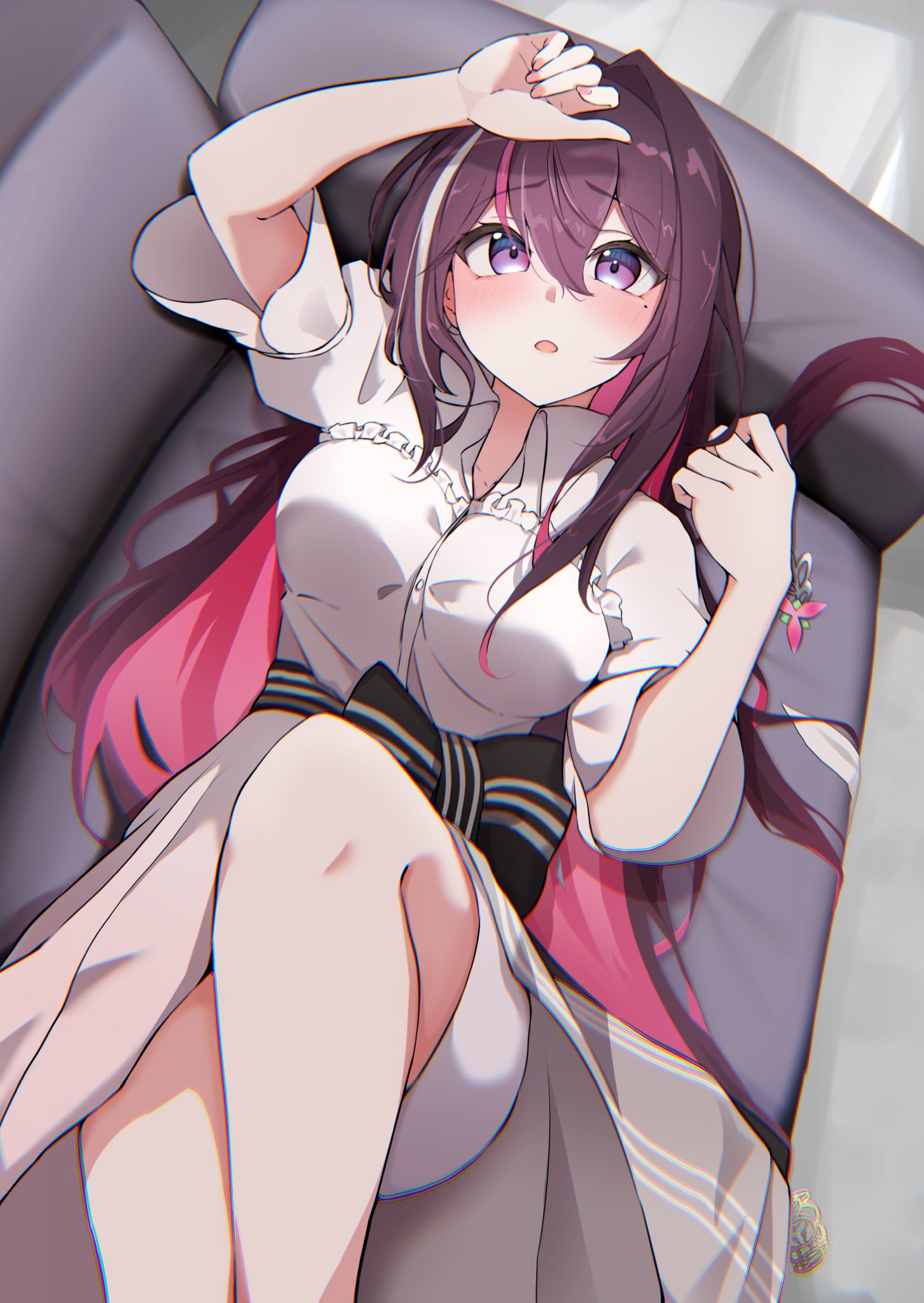 1girl azki_(4th_costume)_(hololive) azki_(hololive) black_hair blush colored_inner_hair dress hair_between_eyes hair_intakes highres hololive long_hair looking_at_viewer lying mole mole_under_eye multicolored_hair nail_polish on_back open_mouth parted_lips pink_hair pink_nails purple_eyes solo unworn_hairclip virtual_youtuber white_hair yamaki_(yamaki801)