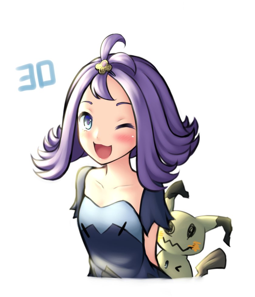 ;d acerola_(pokemon) ahoge blue_eyes collarbone dress hair_ornament hairclip looking_at_viewer mimikyu one_eye_closed open_mouth pinguinkotak pokemon pokemon_(creature) pokemon_(game) pokemon_sm purple_dress purple_hair short_hair short_sleeves smile upper_body